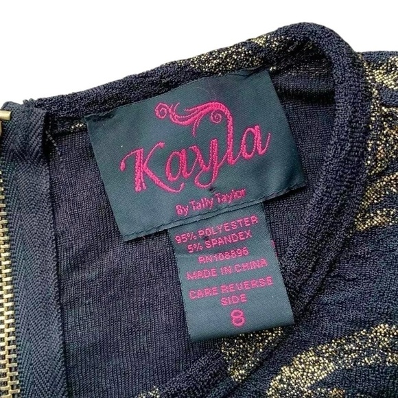 Kayla Tally Taylor Metallic Swirl Stretch Formal Evening Dress Black Gold Size 8 - Picture 8 of 9